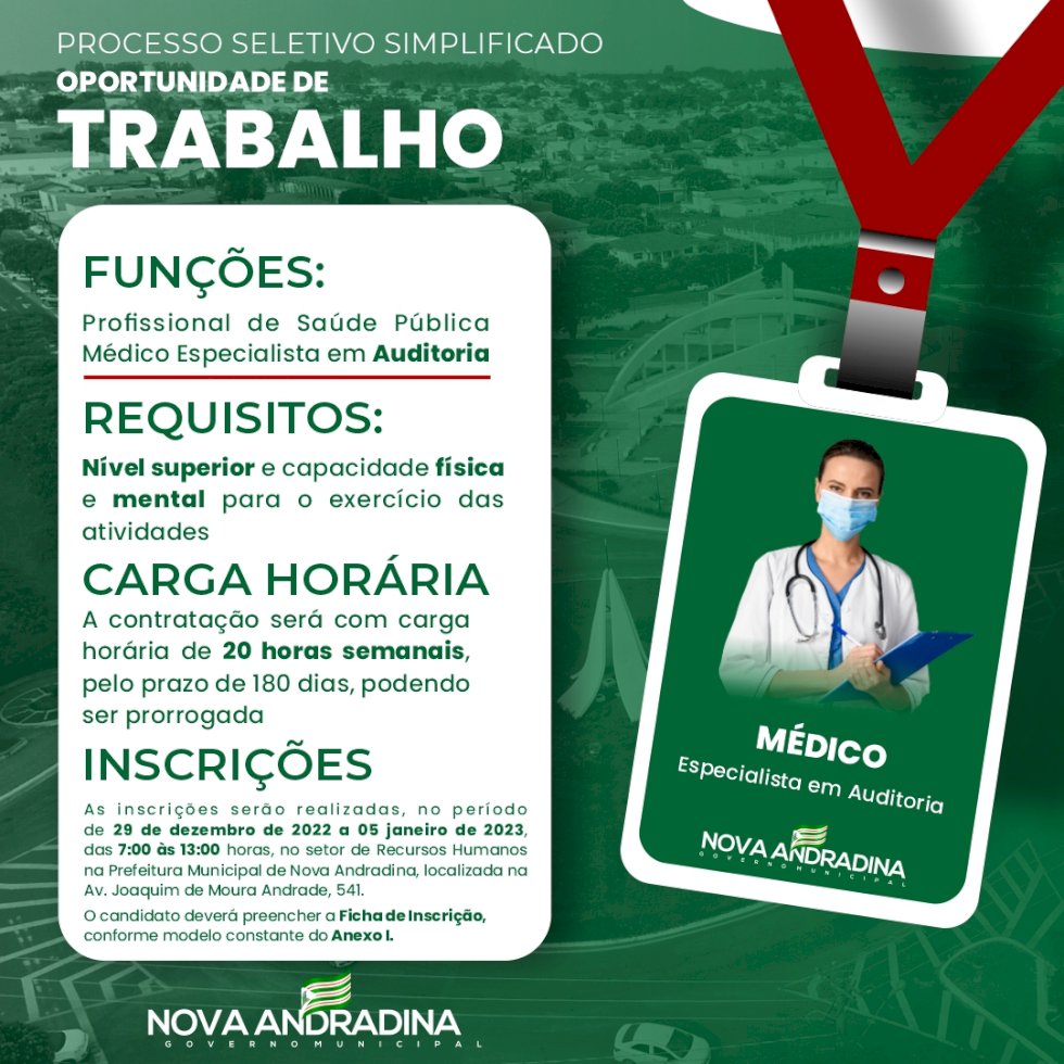 Prefeitura abre processo seletivo simplificado para contratação de médico
